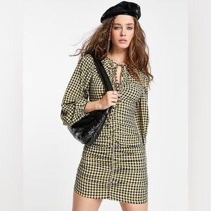 🎆 Topshop Checked Ruffle Detail Ruched Dress 4 yellow black long balloon sleeve